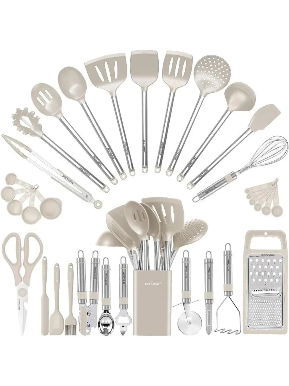 Kitchen Utensil Set-Silicone Cooking 33 Nonstick Kitchen Gadgets & Spoons Khaki